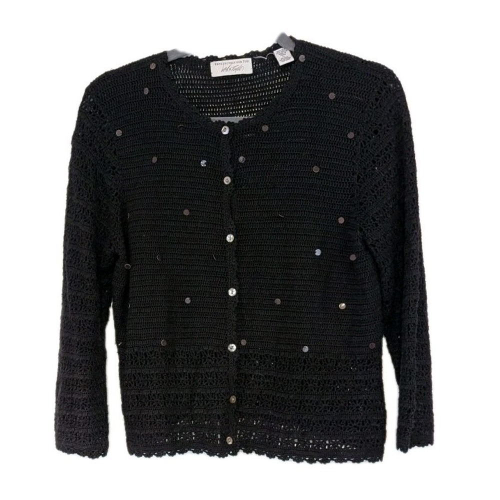 Lord & Taylor L Cardigan Sweater Silk Crochet Embellished Black Old Money Luxury